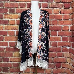 Umgee‎ Black Floral Crochet Trim Open Kimono Coverup Cardigan Size Small NWT NEW